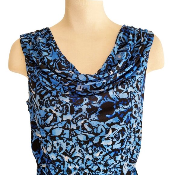 Cable & Gauge Mesh Lined Drape Neck Ruched Waist Sleeveless Blouse Blue Black M - Picture 2 of 13